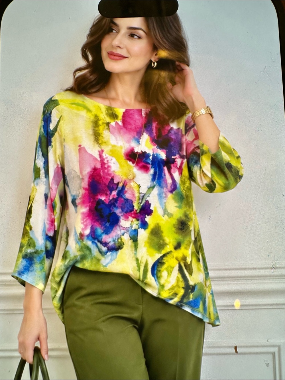 95%viscous Soft Surroundings Watercolor Floral Boatneck top size medium